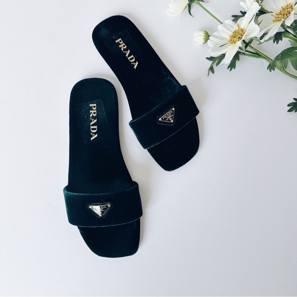 Prada Women’s Triangle Logo Dark Green Velvet Slide Sandals - Picture 6 of 13